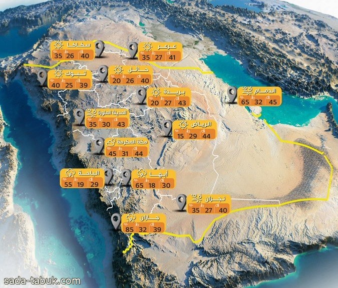 الأرصاد: الدمام تسجل أعلى درجة حراراة بـ 45 درجة مئوية