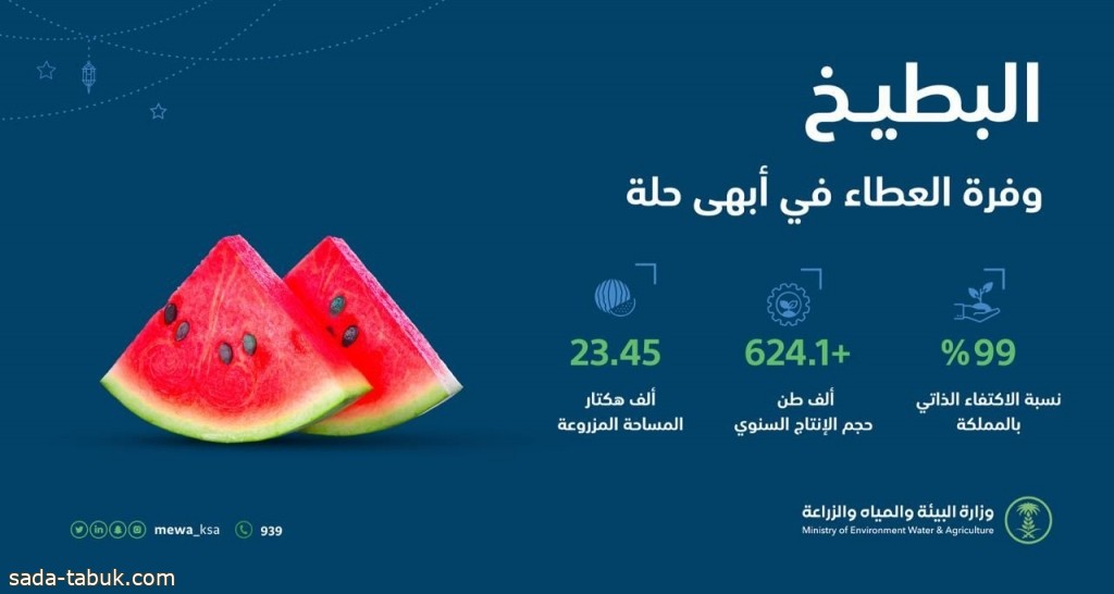 "البيئة ": أكثر من 624 ألف طن حجم إنتاج البطيخ سنويًّا بالمملكة ونسبة اكتفاء ذاتي تصل إلى 99%