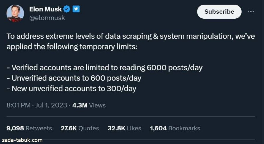 إيلون ماسك: «حدود يومية» لقراءة تغريدات «تويتر»