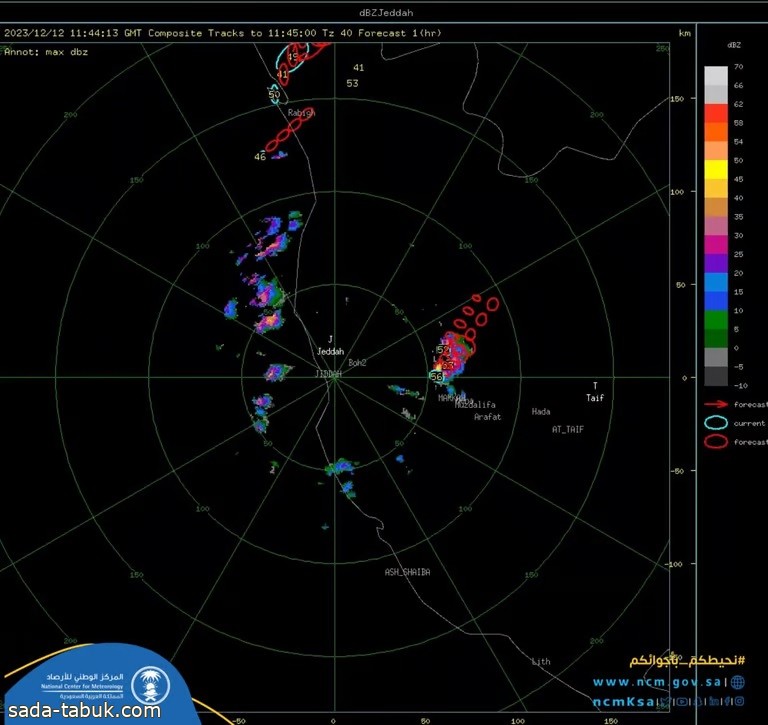 رادار جدة يُظهر تكوّن سحب ركامية رعدية ممطرة على العاصمة المقدسة