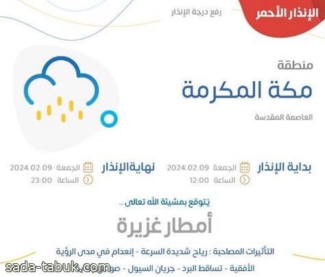 أمطار غزيرة على العاصمة المقدسة والأرصاد ينبّه بالأحمر